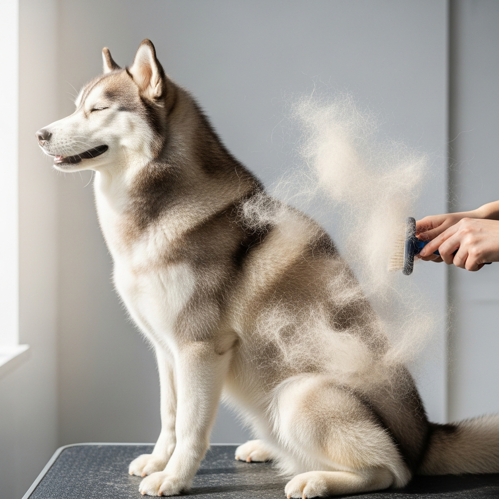 Husky during a de-shedding treatment